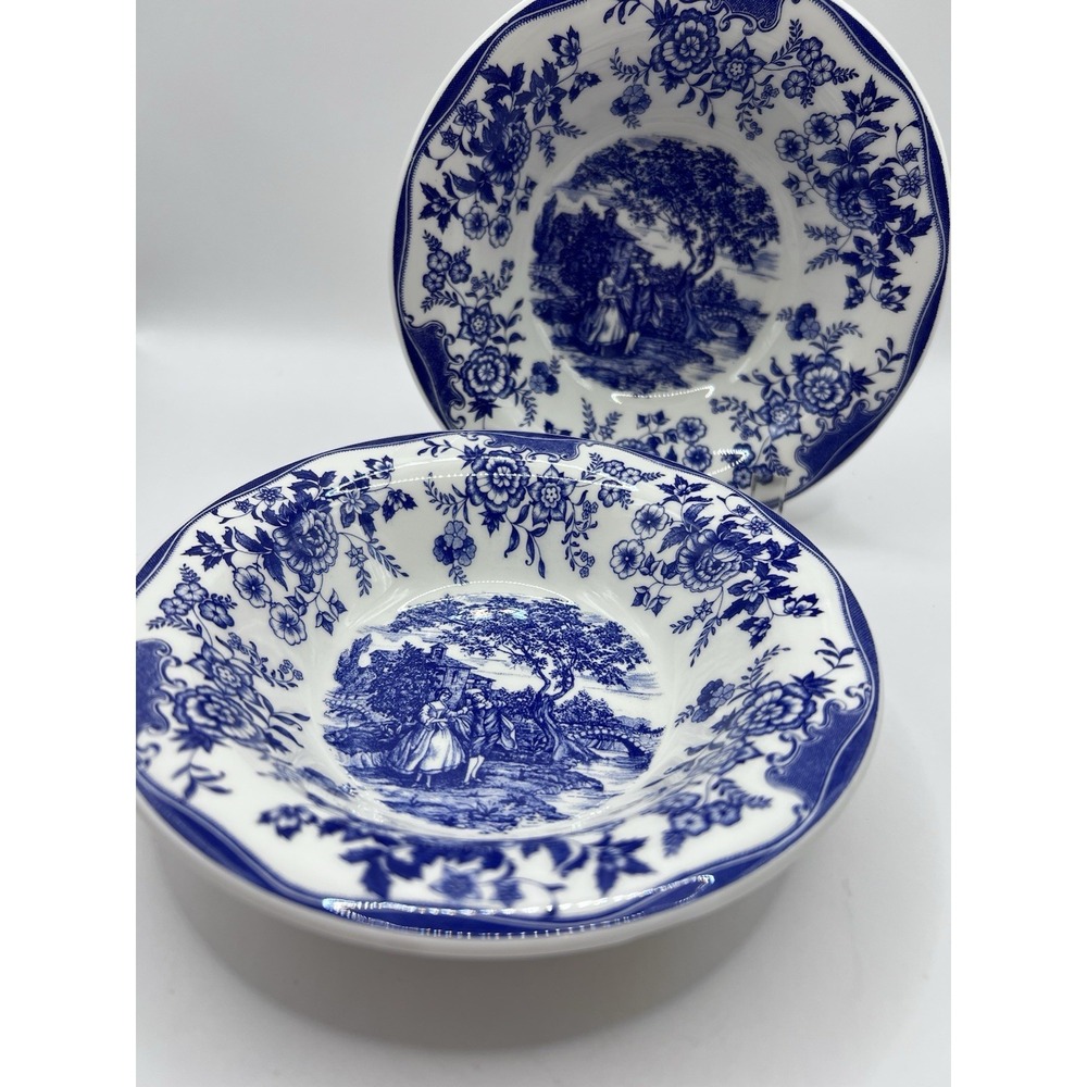 2 Quadrifolio Italy Blue & White Toile Pattern Rimmed Soup Bowl 6 1/4x1 3/4" Vtg